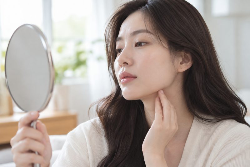 거울로 얼굴을 살펴보는 여성