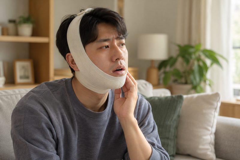 턱에 붕대를 감은 남성