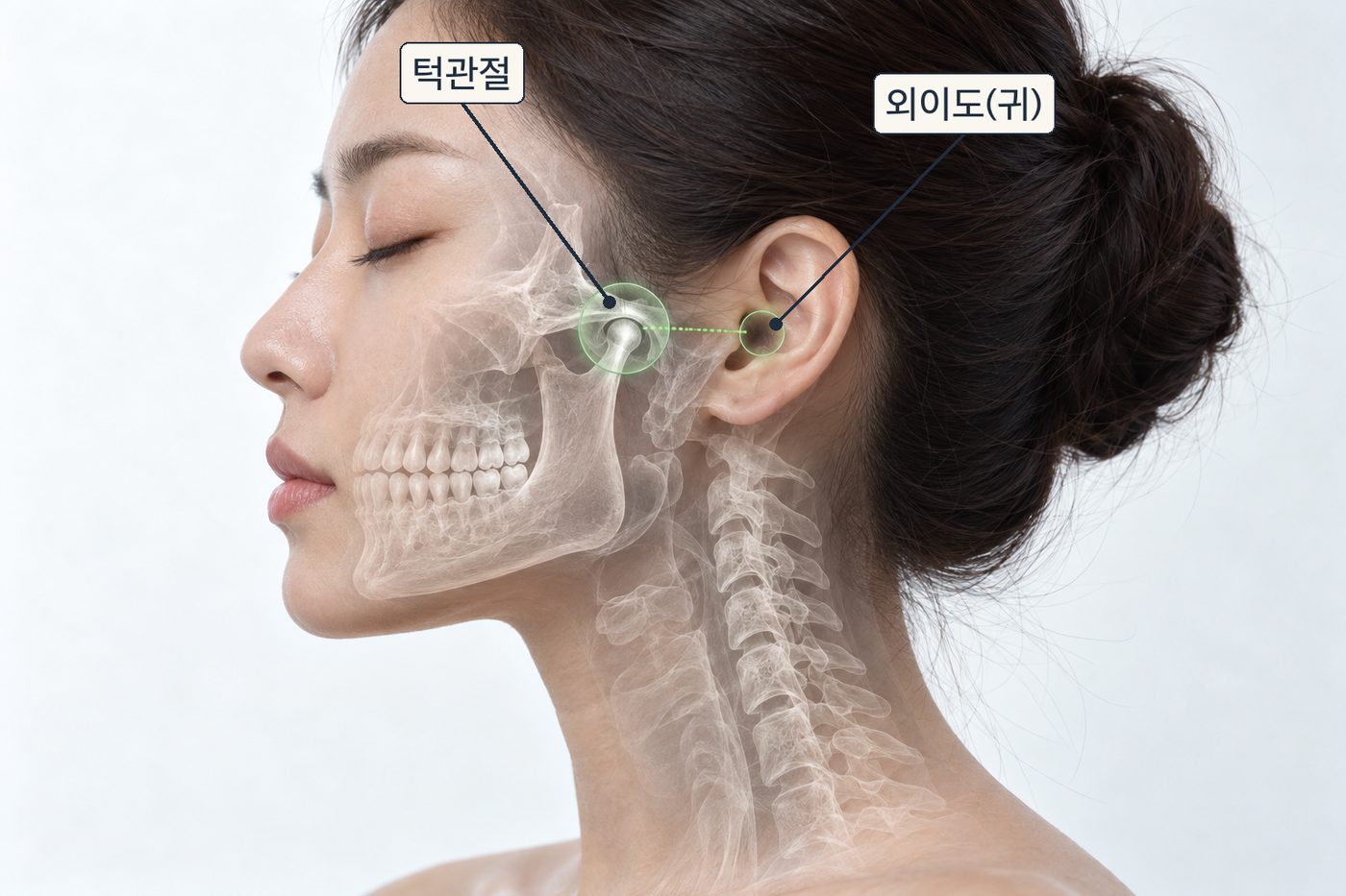 턱관절과 귀(외이도)의 위치 — 턱관절은 귀 바로 앞에 있다