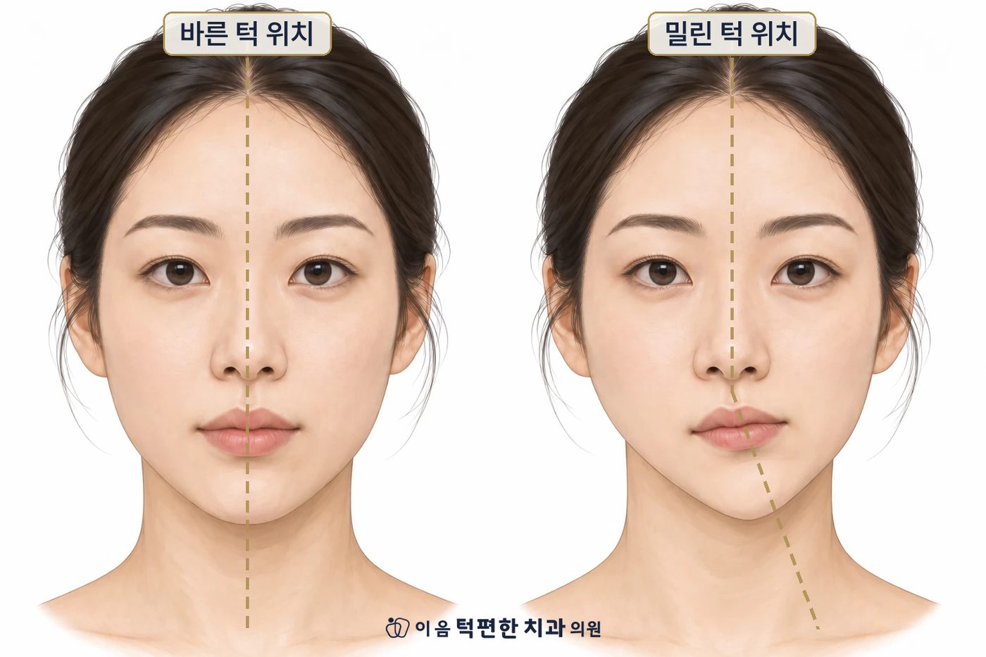 바른 턱 위치와 밀린 턱 위치의 중심선 비교