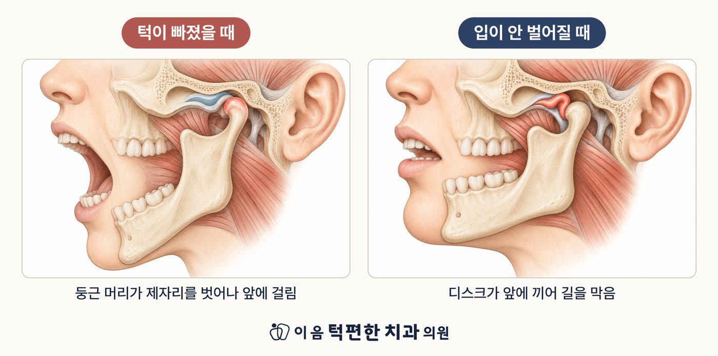 턱이 빠졌을 때와 입이 안 벌어질 때의 관절 단면 비교