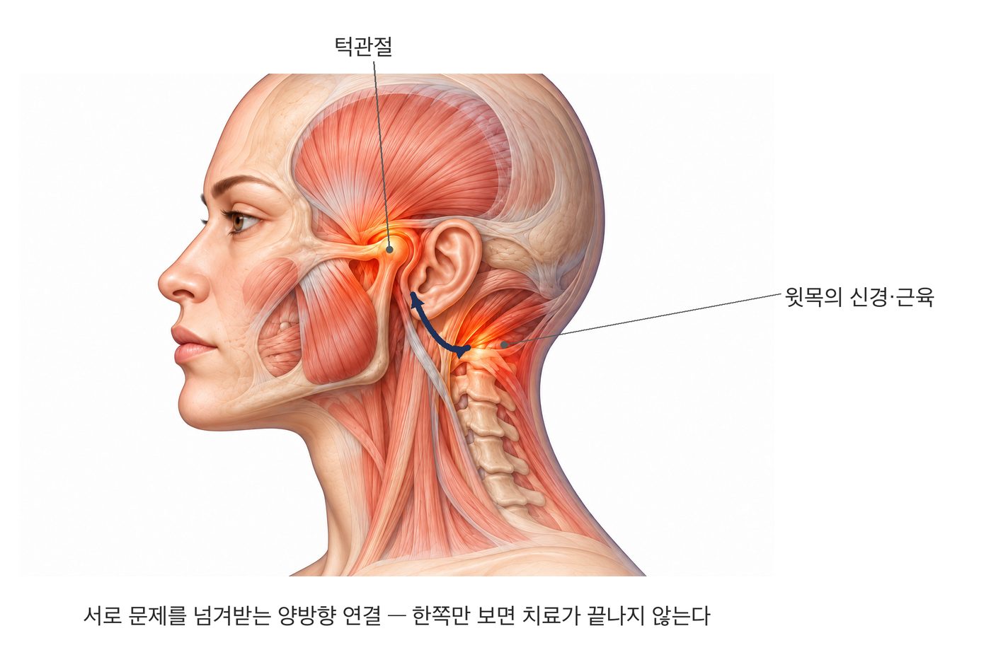 턱과 뒷목의 신경·근육 연결 — 서로 문제를 넘겨받는 양방향 연결