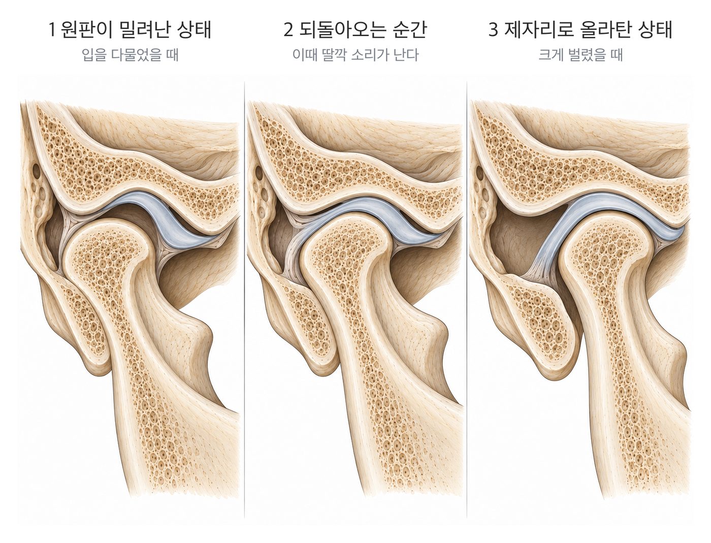 턱 소리의 원리 — 밀려난 관절원판이 되돌아오는 순간 소리가 난다