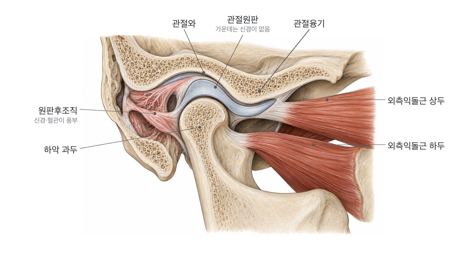 턱관절 단면 구조 — 관절와, 관절원판, 하악 과두, 외측익돌근